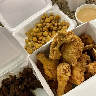 Maryland Fried Chicken, chicken livers, fried okra, mashed potatoes &amp; gravy