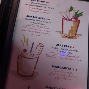 Part of the drink menu