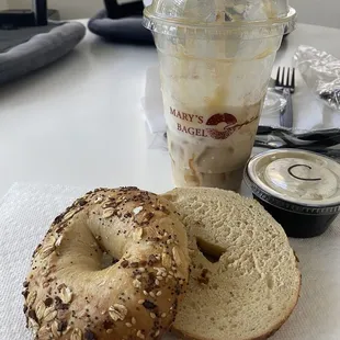 Pumpkin cream brûlée coffee and an everything bagel