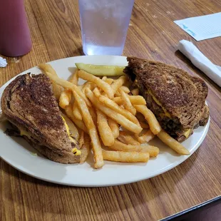 Patty Melt and fries. Upcharge for fries. Worth it. Delicious sandwich done right on rye bread.