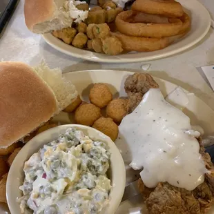 Excellent chicken fry. Corn nuggets, okra, onion rings, and English pea salad were all great!