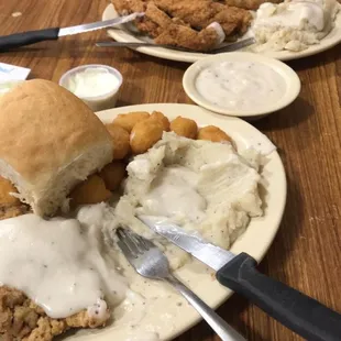 Chicken fried steak, real mashed potatoes, chicken strips, fried zucchini, corn nuggets and rolls!!