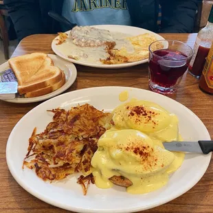 Eggs benedict, chicken fried steak and cranberry juice