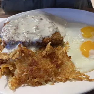 Chicken fried steak sunny eggs hash browns