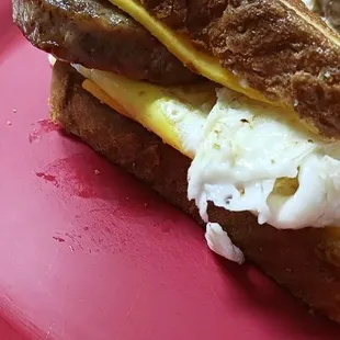 Closeup of sausage toaster sandwich.