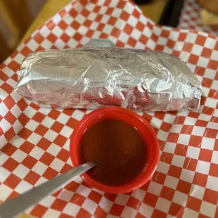 Chicharron burrito with red on the side
