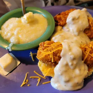 Chicken biscuit with grits
