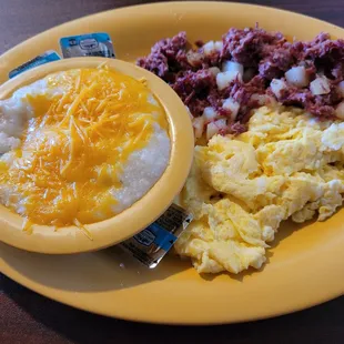 Homemade corned beef hash, Cheddar grits, and scrambled eggs