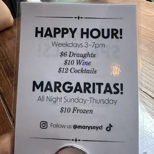 Happy hour menu