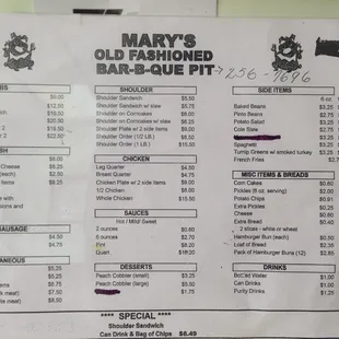 Menu with pricing..
