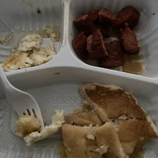 Delicious fluffy pancakes, seasoned egg whites, & spicy beef sausage. I forgot to take a picture before I started, but it was so good!