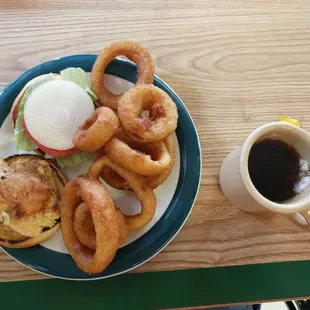 Grilled chicken sandwich and onion rings.