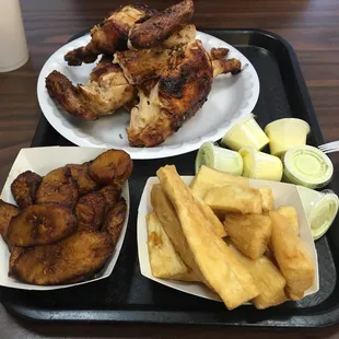 Whole chicken, Fried Plantains, Yucca Fries, and SAUCE!