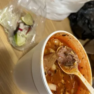 Traditional pozole  comes w/cabbage radish &amp; lime on the side &amp; a bag of tortilla chips.