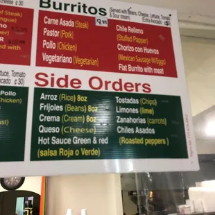 a menu for burritos