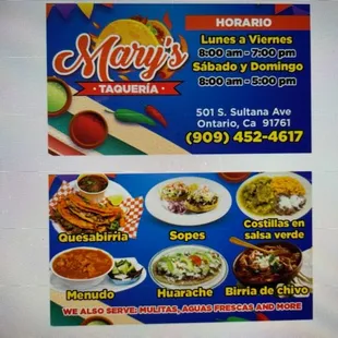 the menu for mary&apos;s taqueria