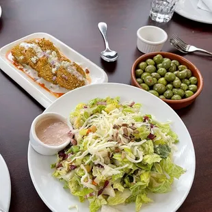 Fried Green Tomatoes, Olives, and Marzano Chopped Salad