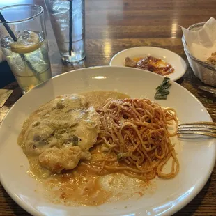 Tender chicken with ham &amp; chz in a garlic lemon butter sauce &amp; a side of pasta! Bravo