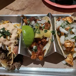 Organic Cheeseburger Taco, al pastor taco, beef taco