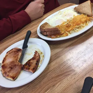 Country ham, eggs, hash browns and toast. My husband loved his breakfast.