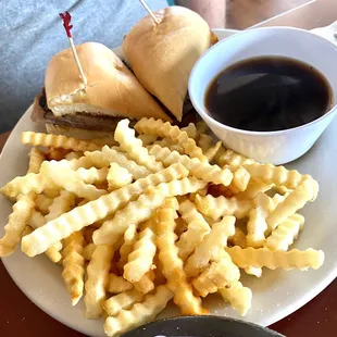 French dip, just deli roast beef, OK. Plenty of crispy fries, good tarter. $12