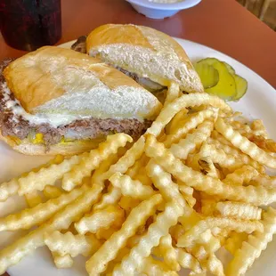 The French burger (like a Smitty), good beef patty, soft roll, flavorful, skinny krinkle cut but crispy. Good tarter too!