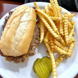 French burger, tasty patty w/ onion pressed into it on soft hoagie.