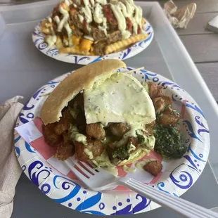 Crazy Potatoes with beef and an Arepa