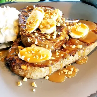 If you have a sweet tooth- Dulce de Leche French Toast (salted caramel, peanuts, banana, whipped cream)