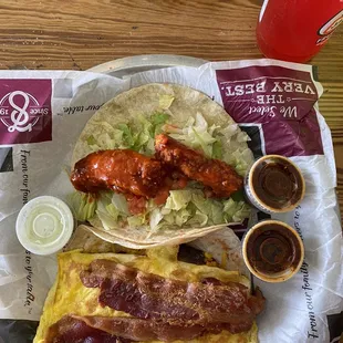 Buffalo Buffalo Fried Chicken Taco &amp; Bacon,egg,and cheese with added beans