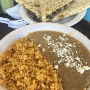 Quesadilla de Asada with rice &amp; beans.