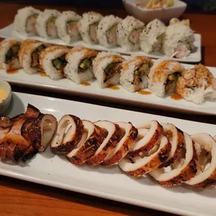 Top to bottom: California Roll, Una-Cu Roll and Ikamaruyaki