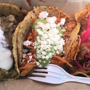 Beef, chicken, chile verde taco sampler $9