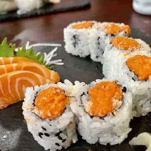 Salmon sashimi and spicy tuna roll