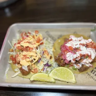 Fish and chicharro tacos