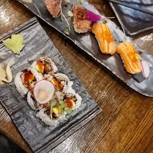 Eel &amp; avocado roll with 2 pc seared A5 Wagyu nigiri and 2 pc salmon belly nigiri