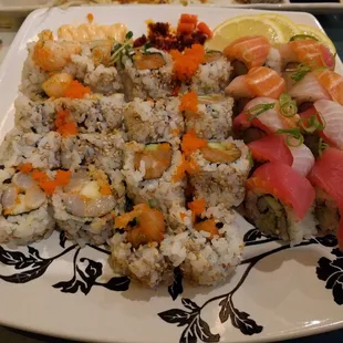 Spicy scallop, green chili, and rainbow rolls