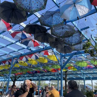 people eating under umbrellas