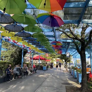 people sitting under umbrellas