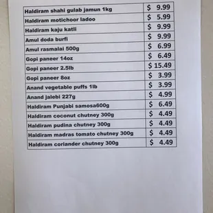 the price list for the restaurant