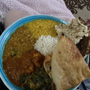 Dosa, garlic naan, daal, saag paneer, chicken tikka masala