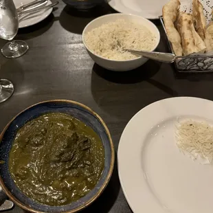 D Chicken Makhni (Butter Chicken), Saagwala with lamb, rice, plain naan and D Garlic NaanNaan