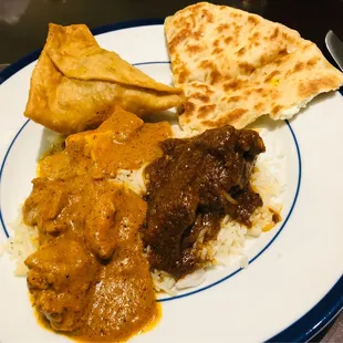 Samosa, Goat Cheese Nan, Paneer Tikka Masala, Chicken Makhni, Lamb Rogan Josh
