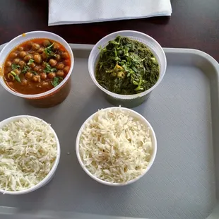 Chana dall and palak paneer, along with rice