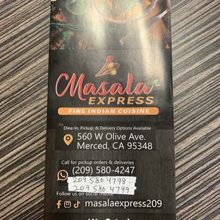Menu with address and phone numbers.