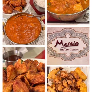 Shrimp Tikka Masala, Shrimp Vindaloo, Fish Pakora and Mixed Vegetable Pakora.