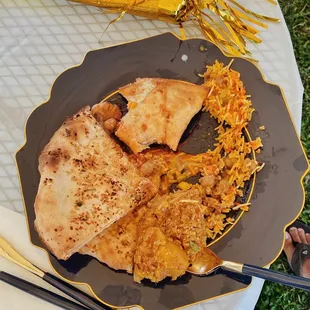 Aloo Gobi, Channa Masala, Veggie Samosas, Naan, Veggie Biryani