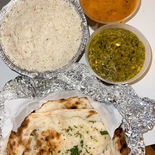 Palak Paneer, Chicken Tikka Masala, Garlic Naan
