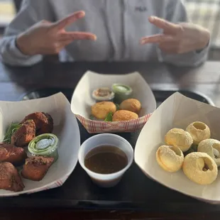 Left: salmon fritters Middle: Aloo tikka (Potato) Right: Gol gappa (Potato with masala and chutney with shot sauce)
