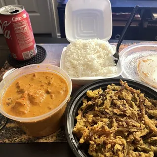 Butter Masala (Chicken), Rice, Mix Veg Pakora